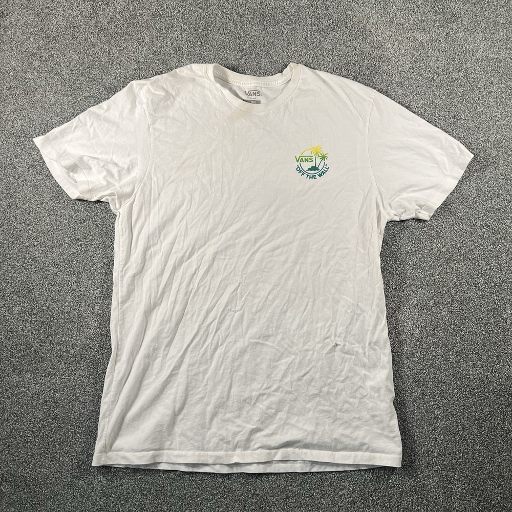 Vans Mens XL Slim Fit White Graphic T Shirt Off The Wall Palm Tree Logo Tee